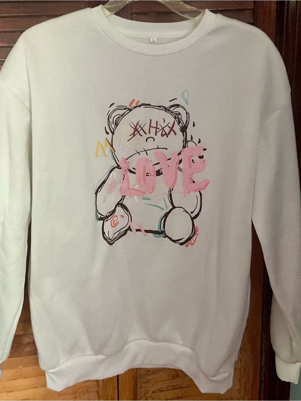 SHEIN White Graphic Teddy 'LOVE' Pullover Sweatshirt
